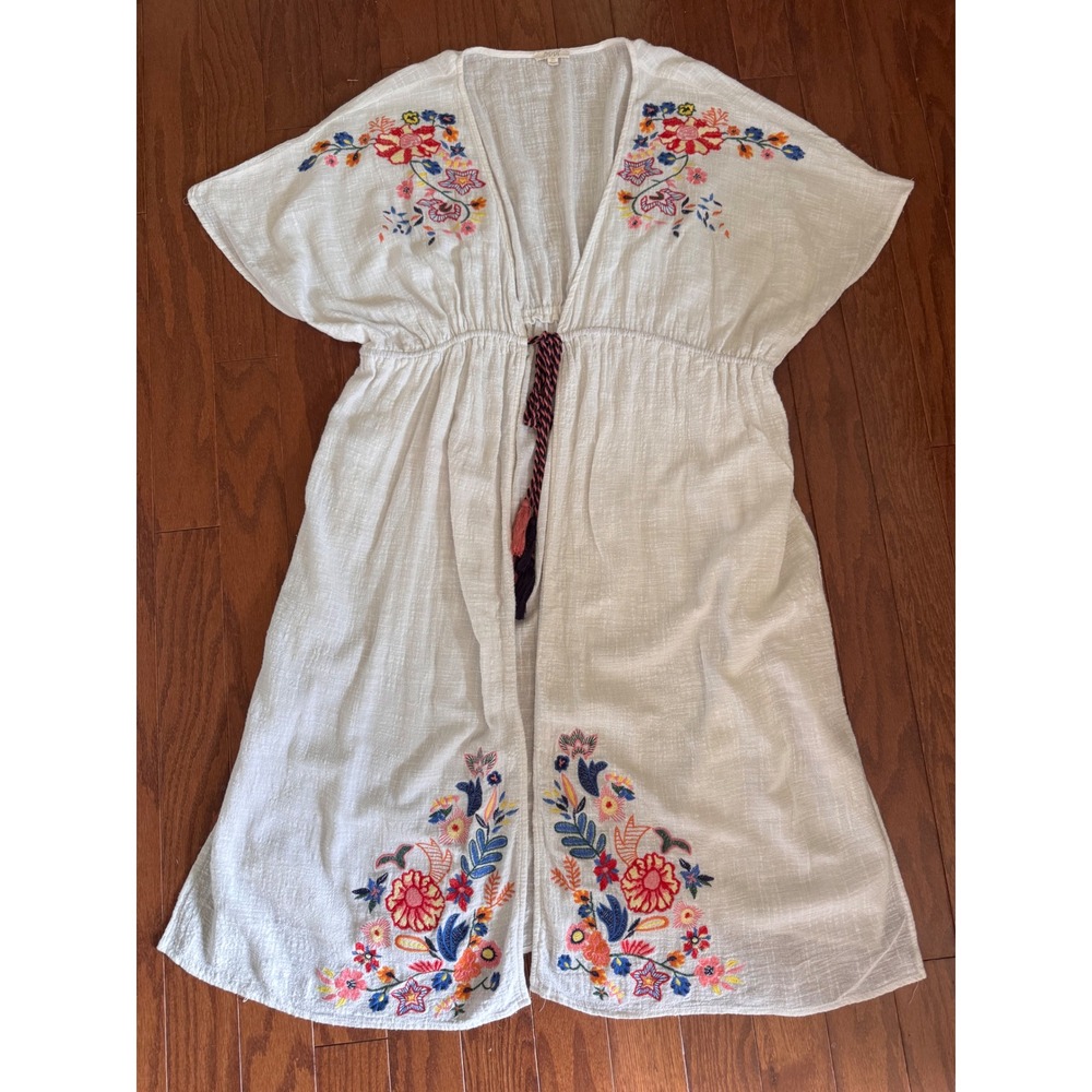 Oddi‎ White Cotton Gauze Floral Embroidered Kimono Midi Coverup Tassel  One Size - Picture 10 of 10